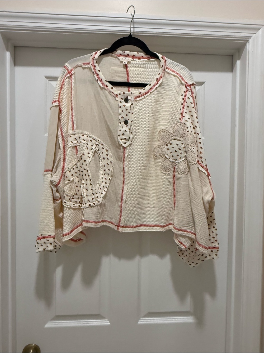 POL Mixed Media Thermal Floral Patchwork Top NWOT Size Medium Boho